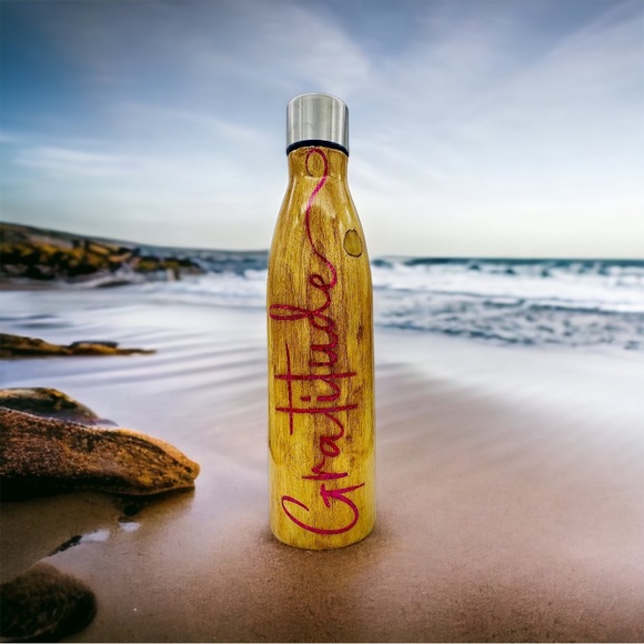 Gratitude, 17oz epoxy water bottle, pink glitter inlays, hand painted wood grain - Picture 8 of 11
